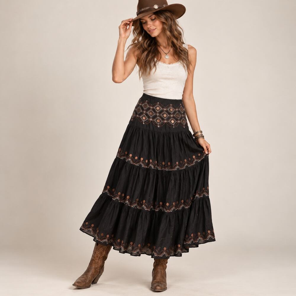Y2K Ruby Road Black Cotton Western Prairie Tiered Skirt NWT Size 6